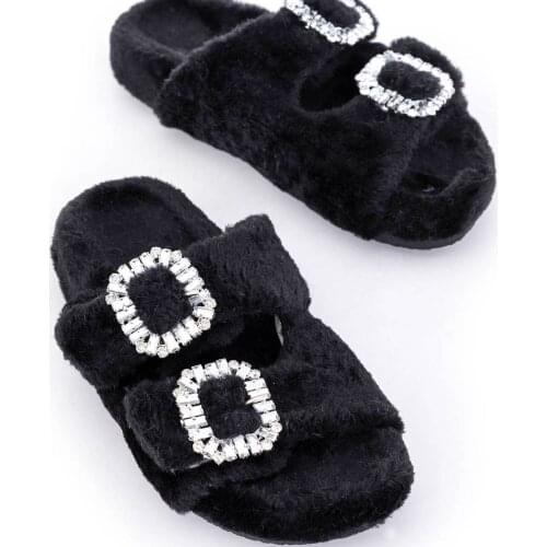 Autumn Winter Women Buckled Puff Puff Slippers Fashion Faux Fur Warm Shoes Women Slip on Flats Female Colorful Flip Flops indoor