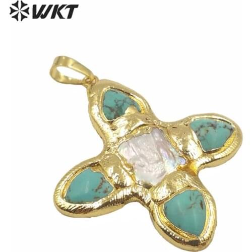 WT-JP216 Amazing design tur quoise and pearl cross pendant fashion gold electroplated pearl cross women pendant for necklace