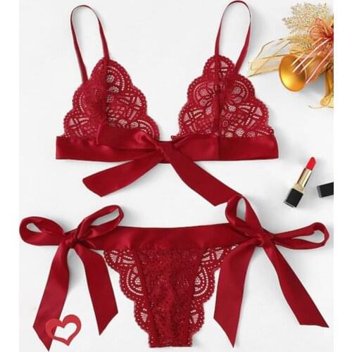 Women Bras Flirt Sexy Lingerie Female Underwear Suit Bow Lace Three Point Valentines Day Clothes Brassiere Exotic Set