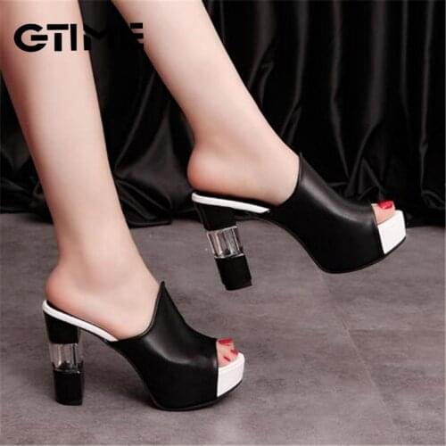 Ladies Leather Sole Slippers Women Sexy High Heel Mules Clogs Black Peep Toe Platform Mules Slip on Sandals Shoes#SJPAE-55