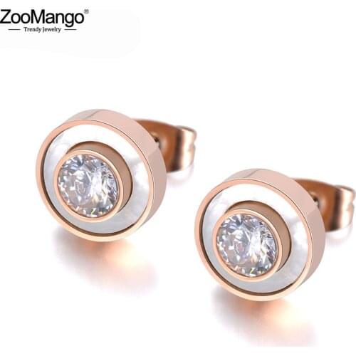 ZooMango Trendy Stainless Steel White Shell Stud Earrings Jewelry For Women Girls Rose Gold CZ Crystal Wedding Earrings ZE19029