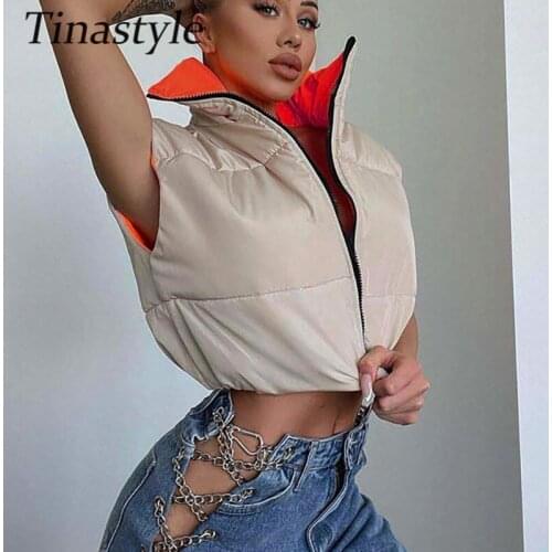 Tinastyle Double Sided Cropped Vest Coat Women Winter Sleeveless Stand Collar Jacket Vests Femme Zipper Warm Casual Outwear