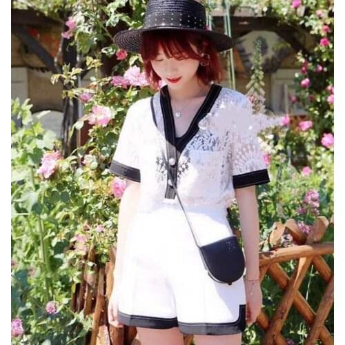 Patads French autumn and winter LACE SHORT SLEEVE hollowed out jacquard V-neck Shirt Top + womens Shorts Set