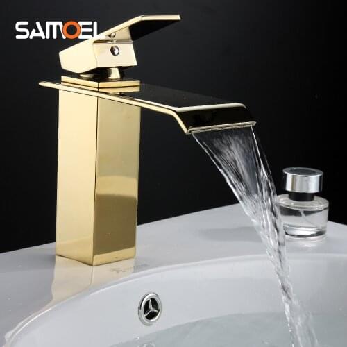 Gold Bathroom Faucets Square Waterfall Faucet Hot and Cold Device Faucet Polished Golden Bathroom Basin Sink Mixer Tap G1094