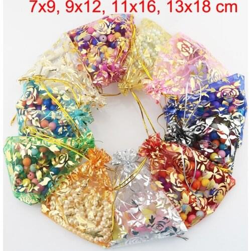 100pcs/lot 7x9, 9x12, 11x16, 13x18 cm Rose Flower Gold Drawstring Organza Pouches Bag For Jewelry Wedding Gift Packing Bags