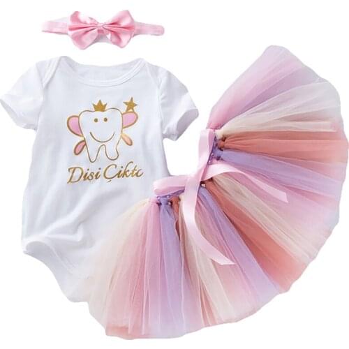 3Pcs Summer Creative Baby Girls Outfit Toddlers Cartoon Printing Short Sleeve Round Collar Romper + Mesh Skirt + Bow Headwear
