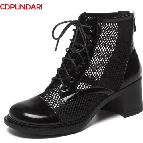Black White Genuine Leather Patchwork Mesh High heels Ankle Boots Women Motorcycle Boots Ladies Spring Summer Short Boots Shoes