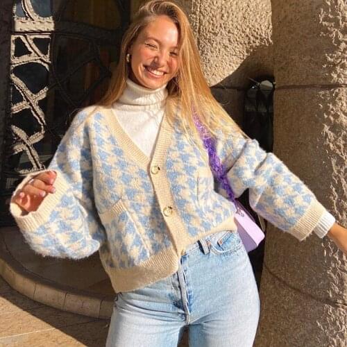 Plaid Print Cardigan Sweater Women Long Sleeve Short Knitted Sweater Autumn Casual V-Neck Streetwear Coats Loose Pull Femme