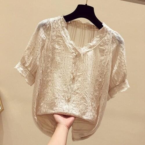 Beaded Lace Women Blouse Summer New Design 2021 Solid Button Elegant Office Lady Pulls Outwear Tops