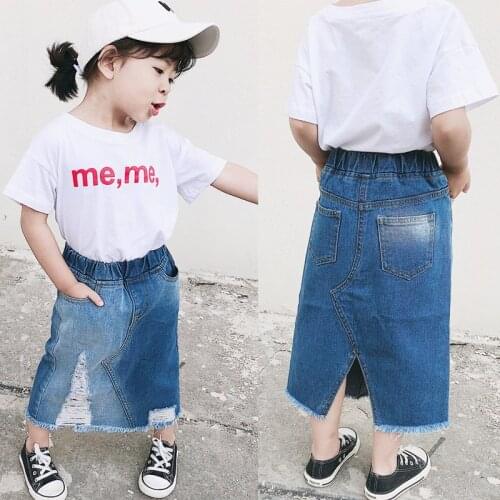 Summer Girls Mid-long Jeans Skirt Ripped Hole Children Denim Skirts Irregular Open Slit Kids Girls Half-length Skirt 12M-10T