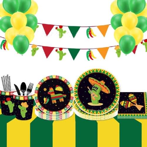 Mexican cactus theme Birthday Party Decoration favor Balloon Table cloth Cover cake topper cup plate banner Straw