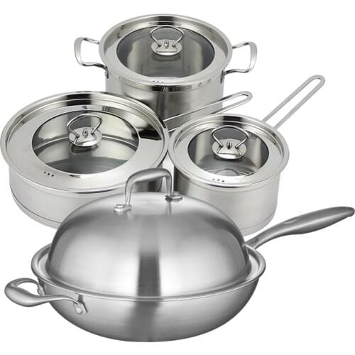 Cookware Set Combination Stainless Steel Wok Soup Pot Milk Pot Frying Pan Gift Set Pot Three-piece Set Of Four Sets Of Household