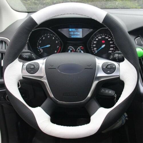 New DIY Sewing-on White Black Leather Steering Wheel Cover Exact Fit For Ford Focus 3 2012-2014 KUGA 13-16