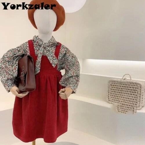 2020 Fall Clothes Baby Giirls Clothes Set Floral Long Sleeve Blouse Shirt and Red Overall Dress 2 Pcs Autumn Clothing Sets