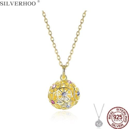 SILVERHOO 925 Sterling Silver Women Necklaces Colorized Ball Pendant Chain Necklace 2 Colors Austria Crystal Fine Jewelry New