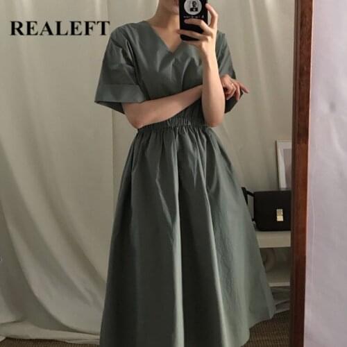 REALEFT Summer 2021 New Vintage Womens Dresses Casual Loose Umbrella Short Sleeve Fashionable V Neck Female Chic A-Line Dresses