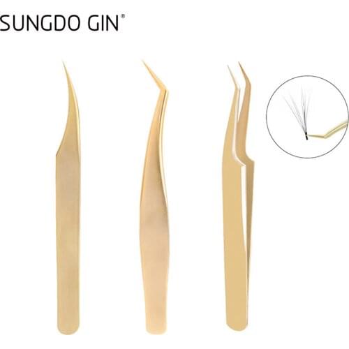Professional Eyelashes Tweezers For Eyelash Extension Stainless Steel Gold Color High Precision Anti-static Makeup Tools