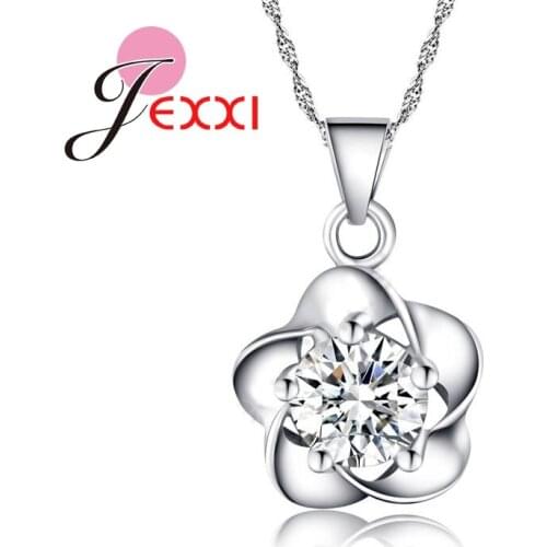 Luxury 925 Sterling Silver Women Pendant Necklaces Flower Shape Cubic Zirconia Chain Necklaces Valentines Day Freebie Jewelry
