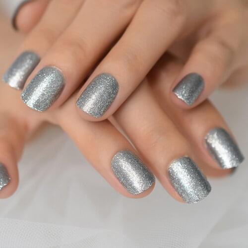 Medium Squoval Full Gray Gilitter Gel Tip Decoration Nails False Hand Dummy Stick On Nail Nails Wholesale IMABC Charoming