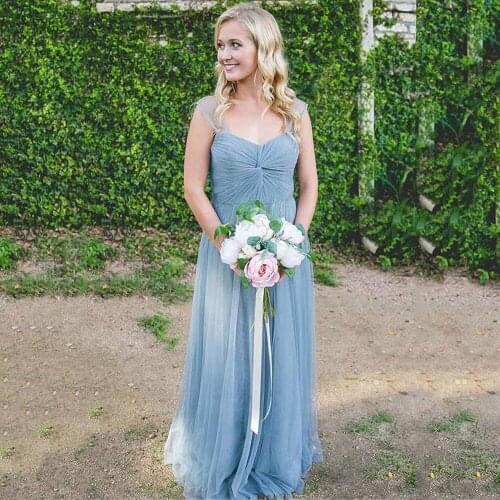 Sevintage Dirty Blue Tulle Evening Dresses Pleats Beach Long Prom Gowns Backless Straps Formal Women Party Dress Plus Size