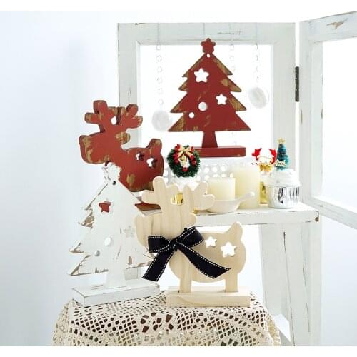 Vintage Wooden Christmas Ornaments Deer Tree Decoration Desk Miniature Craft Work Home Baby Kids Room Nursery Decor