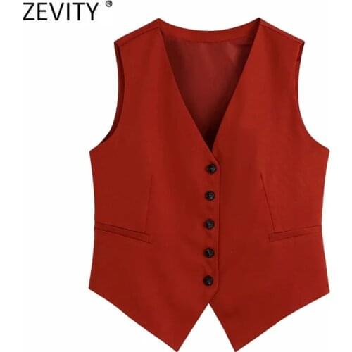 Zevity 2021 Women Fashion V Neck Sleeveless Solid Slim Vest Jacket Office Ladies Single Breasted Waistcoat Chic Tops CT763