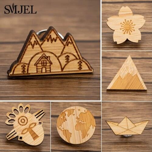SMJEL Natural Wood Bamboo Brooches Pins Graceful New Fashion Mountain Landscape Brooch Flower Jewelry for Women bijoux