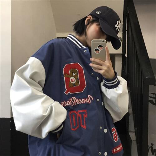 Vintage Bear Letters Baseball Jacket Coat Women Oversized 2021 Spring New Harajuku Korean Style Loose Outerwear Cool Girls Ins