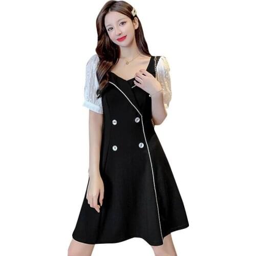 Hot elegant dress women summer 2020 turn-down-collar Puff sleeve double-breasted casual knee-length sweety dress