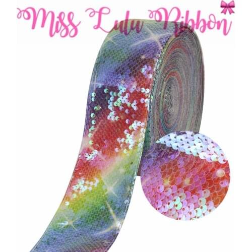 3"75mm Reversible Sequin Rainbow Gradient Color Printed Grosgrain Ribbon DIY Wedding Party Decor Hair Bands Making 25yards/roll