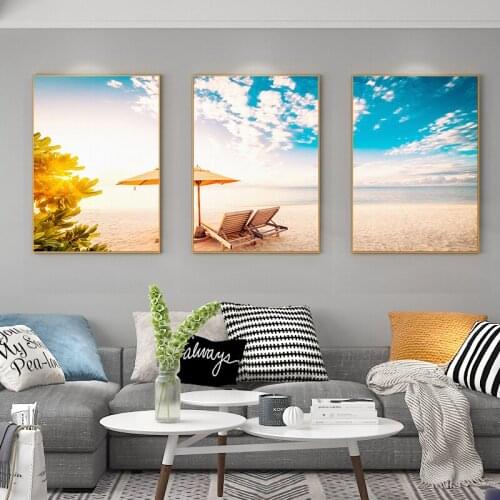 BALLEAY ART 3 Pieces Canvas Painting Blue Beach Sun Canvas Prints Wall Art Picture For Living Room Landsacpe Decorative Posters