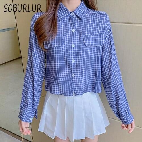 New Blouses Women Retro Lattice Shirts Cotton Long Sleeve Turndown Collar Blouse Autumn Pocket Female Tops Casual Korean Shirts