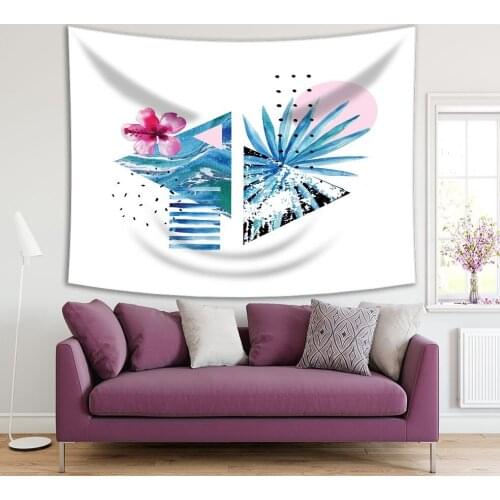 Tapestry Tropical Flowers Palm Leaves Sea Waves Patterns in Triangles Shapes Watercolor Artwork Blue Pink