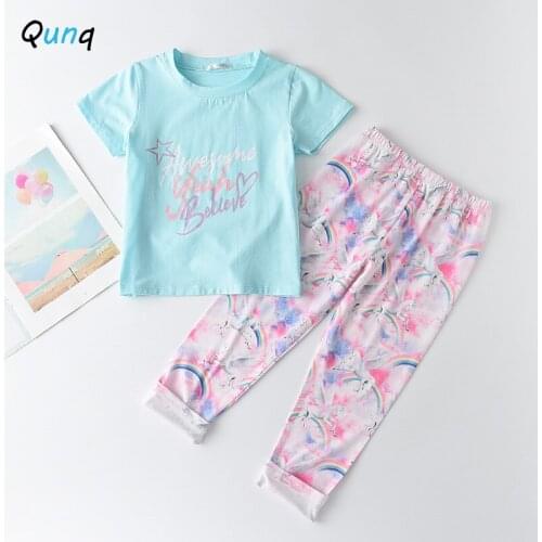 Qunq Cotton Girls Clothes Letter Print T-shirt Tie dye Long Pant Two Piece Kids Summer Suits 2021 New Toddler Children Set