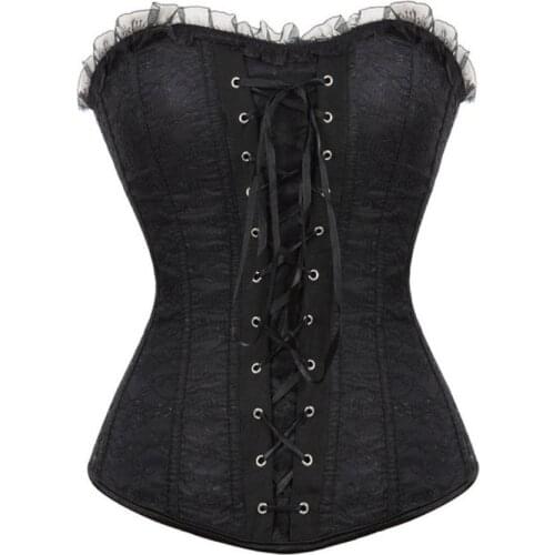 Sexy Satin Jacquard Lace Cover Overbust Corset Lace Up Boned Lingerie Zipper Side Waist Trainer Corsets And Bustiers Plus Size
