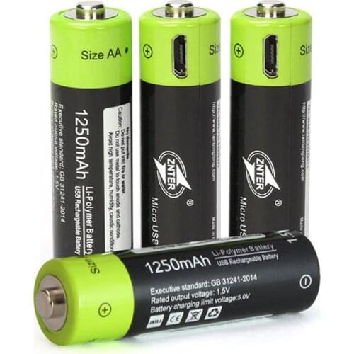 High Grade USB Rechargeable Lithium Polymer Battery Bateria AA 1.5V 1250mAh ZNT5 Universal Batteies Charged By Micro USB Cable