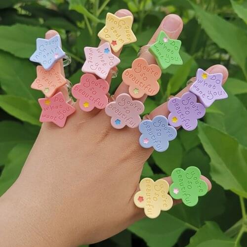 Lost Lady Candy Color Star Flower Resin Rings for Women Personality Meaningful English Words Rings Girls Party Jewelry Wholesale