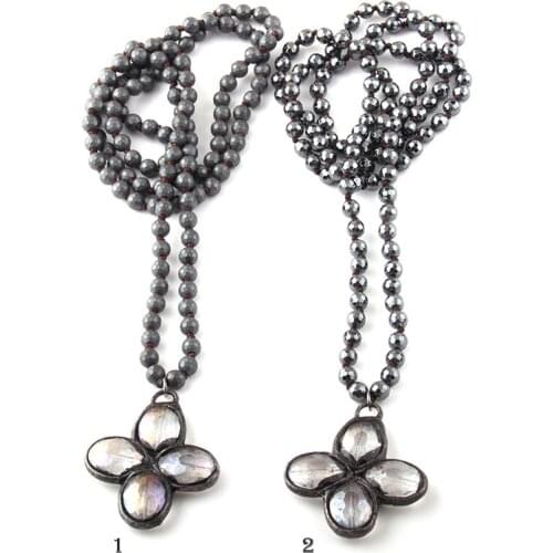 MOODPC Fashion Bohemian Jewelry 6mm Faceted Hematite Knotted Glass Flower Necklaces For Women Ethnic Necklace