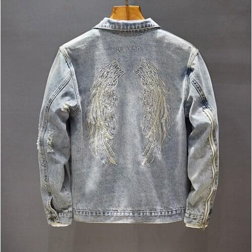 Mens New Retro Wings Embroidered Hole Denim JacketKorean Style Loose Biker jacket Coat top Spring /Autumn