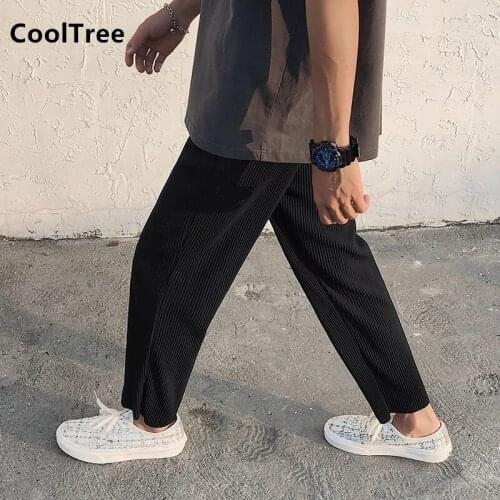 CoolTree Men Pleated Straight Pants Spring Autumn Solid color Elastic Waist Casual Trousers Male Loose Ice Silk Pants Streetwear