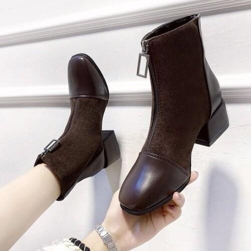 2021 Autumn New Martin Boots Female British Style Wild Trend Fashion Mid-heel Thick Heel Front Zipper Short Boots Women Boots