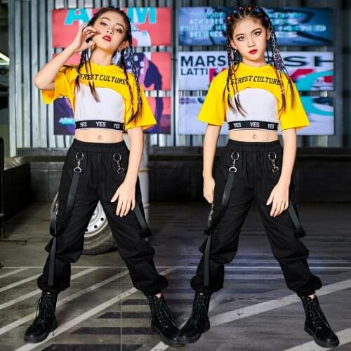 New Girls Hip-Hop Suit Kids Jazz Dance Performance Costumes Modern Catwalk Show Stage Outfits Yellow Tops Black Pants DWY5699