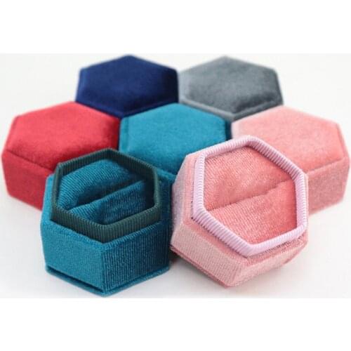 Hexagon Square Shape Velvet Jewelry Box Double Ring Storage Box Wedding Ring Display For Woman Gift Earrings Packaging