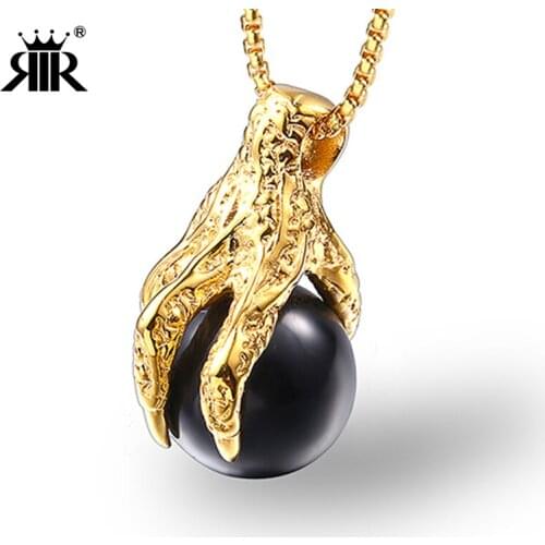 RIR Gothic Biker Top Quality Black Stone Dragon Claw Pendant Necklace Men Stainless Steel Jewelry Silver Gold Tone Free Chain
