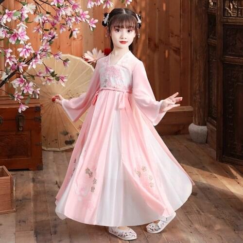 Girls Hanfu Long Dress childre Girl Costume Party Dress Lace Embroidery Flower Birthday Party Kids Dress Ancient Style