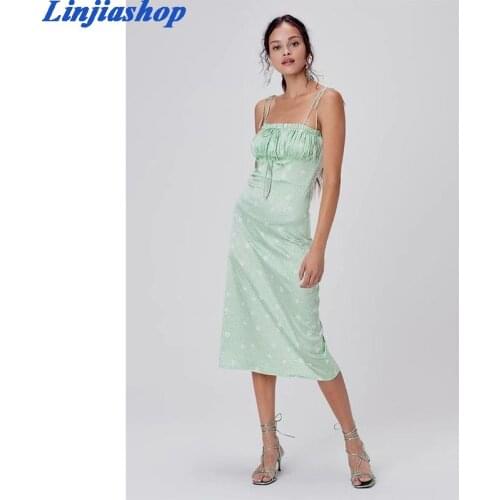 Fashion summer dress women slash neck bow satin spaghetti straps lining floral print beach midi dress sleeveless vestido mujer