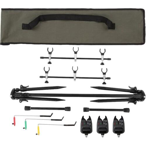 Lixada Adjustable Retractable Carp Fishing Rod Pod Stand Holder Fishing Pole Pod Stand with 3 Bite Alarms and Swingers Indicator