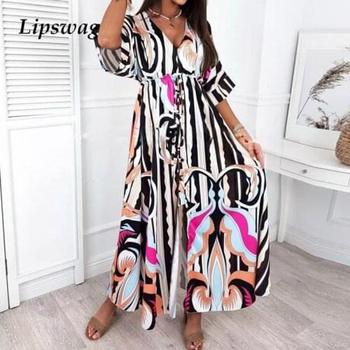 Casual Drawstring Waist Beach Long Dress Summer Sexy V Neck Button Split Party Dress Women Autumn Elegant Print Boho Maxi Dress
