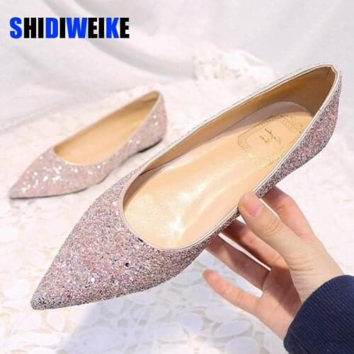 Plus Size 31-44 Fashion Classics Silver Bling Glitter Flats Women Casual Pointed Toe Flat Loafers New Party Dress Sequin Shoes