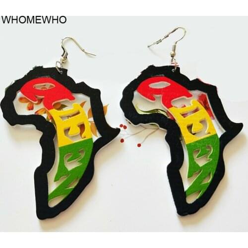 Colourful Painting Wood Hollow Out Africa Map Tribal Tropical Fashion Black Women Earring Vintage Wooden African Hiphop Jewelry